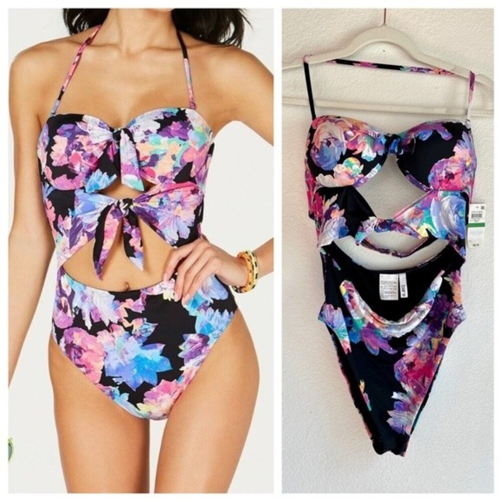NWT Bar III Tech Floral Tie-Front Cutout One-Piece Swimsuit - Large Black Multi